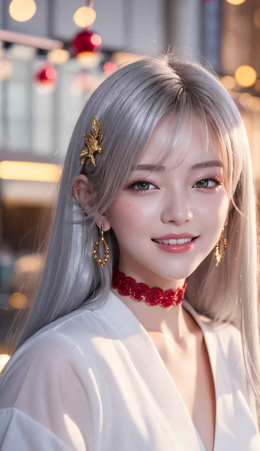 ((One personの女性)), Beautiful Face,((laugh)),((Wink:1.9)),((Touch your lips)), Laugh with your mouth wide open,((Bright red cheeks:1.4)),Shiny red lips,night,rooftop,Festive decorations,You can see the ocean, firework,Laughing with your mouth open,Glossy pink lips,Facial lighting,((Anime style background)),masterpiece, Highest quality, so beautiful,up to date, Complex details, (Pink long nails),(ring),(bracelet),(choker),AI-generated, Complex,High resolution, Highest quality, super high quality,3D Images、3D Images,One person,Long white hair,High Ponytail,(Pale eyes),Anime woman posing for a photo, ((fine grain、Silvery white eyes、Shining Eyes:1.4)),(Squint your eyes:1.1),a hyperRealistic , hyperRealistic , Realistic,Anime woman with long white hair, Smooth anime CG art, A woman in a colorful kimono with gold embroidery, (Black long sleeve kimono),Red floral pattern,Long flower hair ornament,big floral earrings,Mature Body,(Big Breasts:1.1),expensive,Abdominal muscles,Tight waist,(Zoom up to face:1.7),Shooting from diagonally below