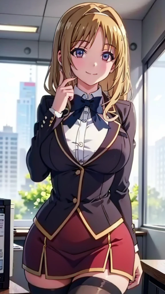 1girl, blonde hair, huge breasts, office, (office skirt, shirt, evil smile, (hourglass figure), black tights 