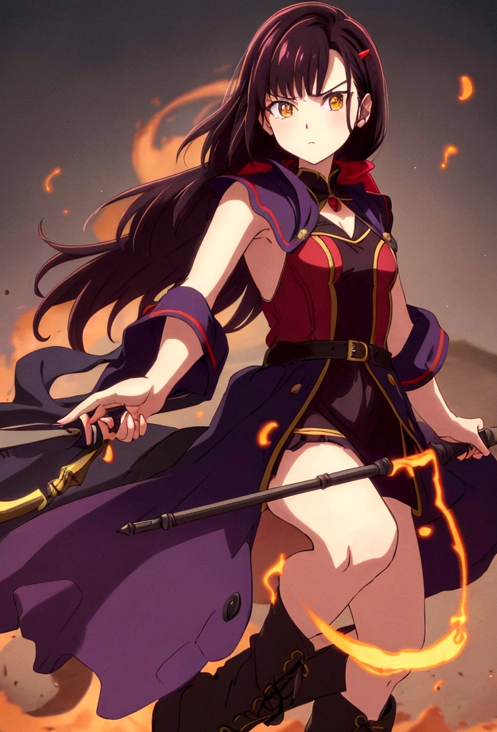 Superior image quality, high resolution, garota jovem, Caucasian skin, shorth hair, purple shine black hair, yellow eyes, red bow on head, black clothing, short dress, holding staff, serious expression, Medieval theme, Black boots, brown details not dressed, shoulderpads, small ruffles on the dress