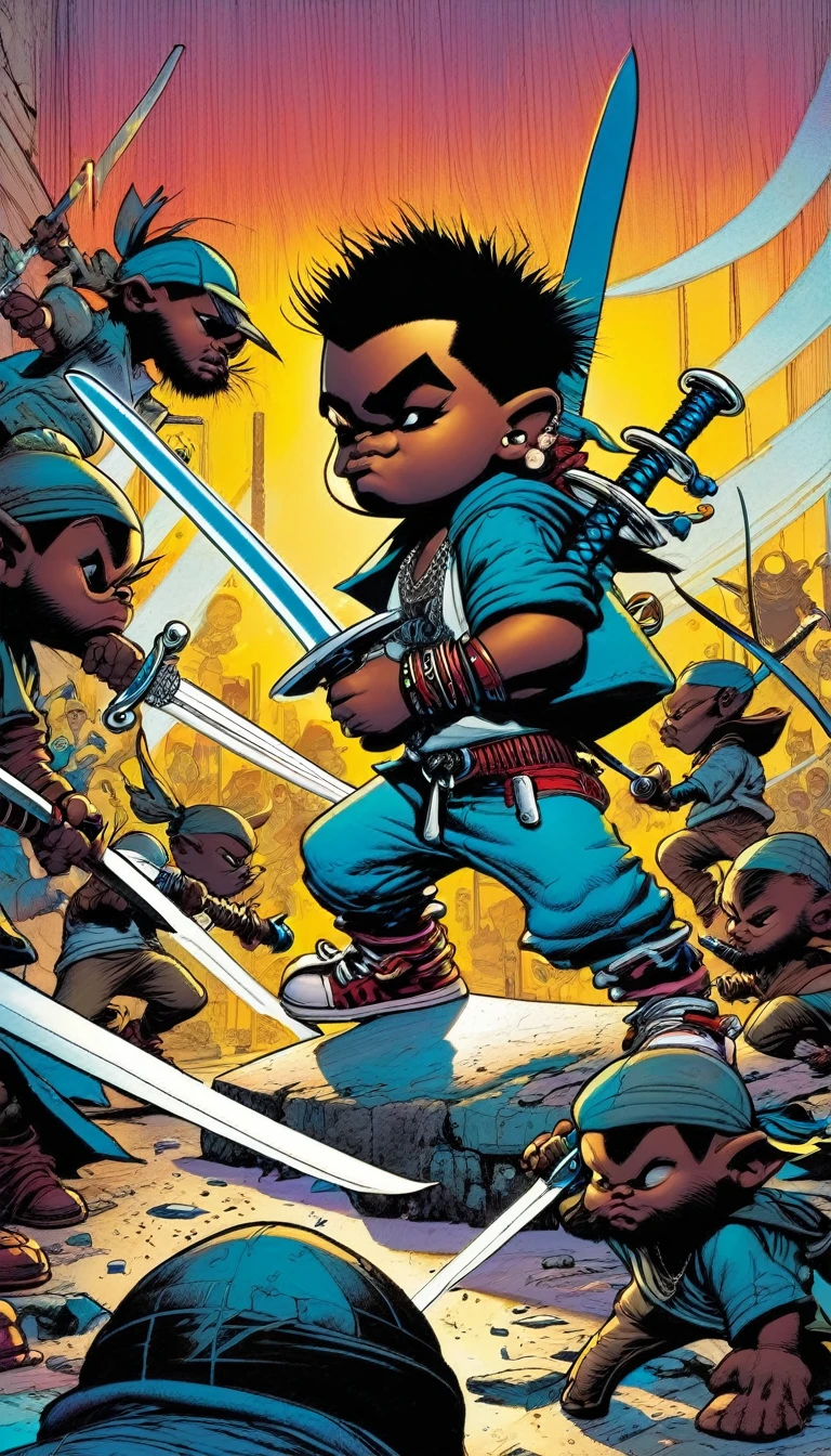 Naughty boy, thug boy, plays with 7 swords, (art inspired by Skottie Young and Bill Sienkiewicz)