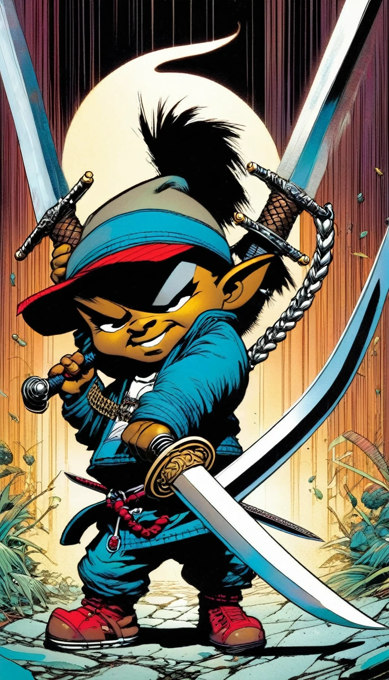 Naughty boy, thug boy, plays with 7 swords, (art inspired by Skottie Young and Bill Sienkiewicz)
