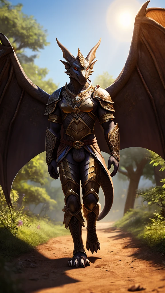 a white anthropomorphic dragon, big pennis, walking on a dirt road, incredibly detailed, very realistic, 8k, photorealistic, hyper detailed, Masterpiece, intricate details, volumetric lighting, dramatic shadows, cinematographic, epic fantasy scene, dramatic lighting, bright Eyes, scales, claws, magnificent wings, Skinny body, armor with ornate designs, dirt road, lush foliage, Sun rays, depth of field
