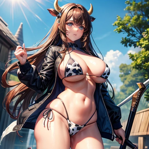 Beautiful woman with brown hair and blue eyes Cow horn Cow has no ears Have a battle axe Long Hair Wearing a jacket Cow print bikini Large