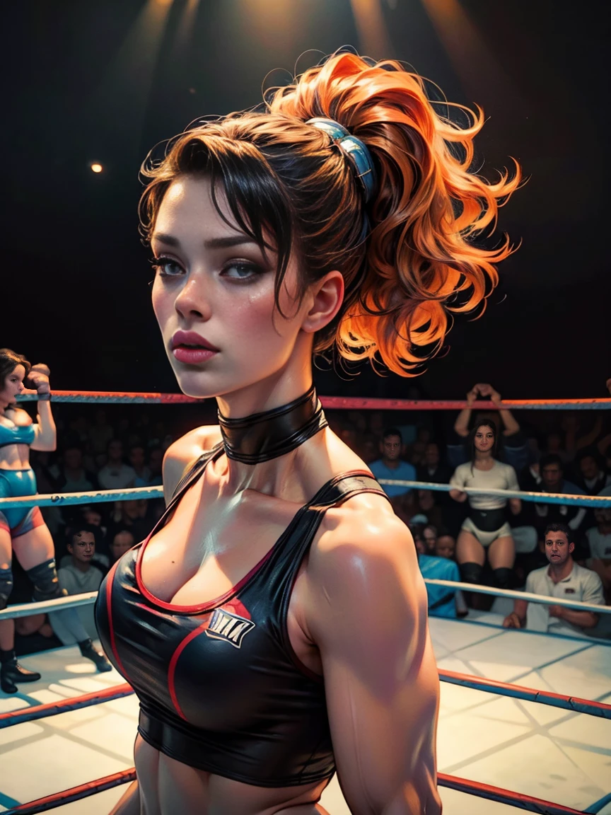 (Female wrestler:1.8)、a muscular build、6 Pack Abs、Dramatic Wrestling Outfits、On the wrestling ring stage under the spotlight、Detailed portrait、(Highest quality、4K、8K、High resolution、masterpiece:1.2)、Super detailed、(Real、Photorealistic、Photorealistic:1.37)、Dynamic action poses、Dynamic lighting、Cinematic composition、Highly detailed facial features、Highly detailed eyes and face、Long eyelashes、Chiaroscuro Lighting、Dramatic Shadows、Striking color palette、Bright colors、