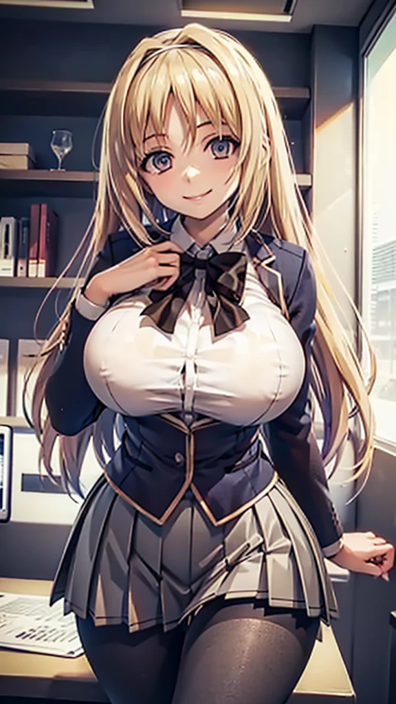 1girl, blonde hair, huge breasts, office, (office skirt, shirt, evil smile, (hourglass figure), black tights