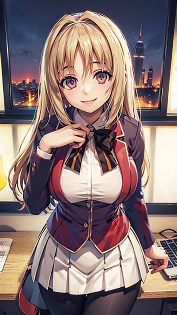 1girl, blonde hair, huge breasts, office, (office skirt, shirt, evil smile, (hourglass figure), black tights 