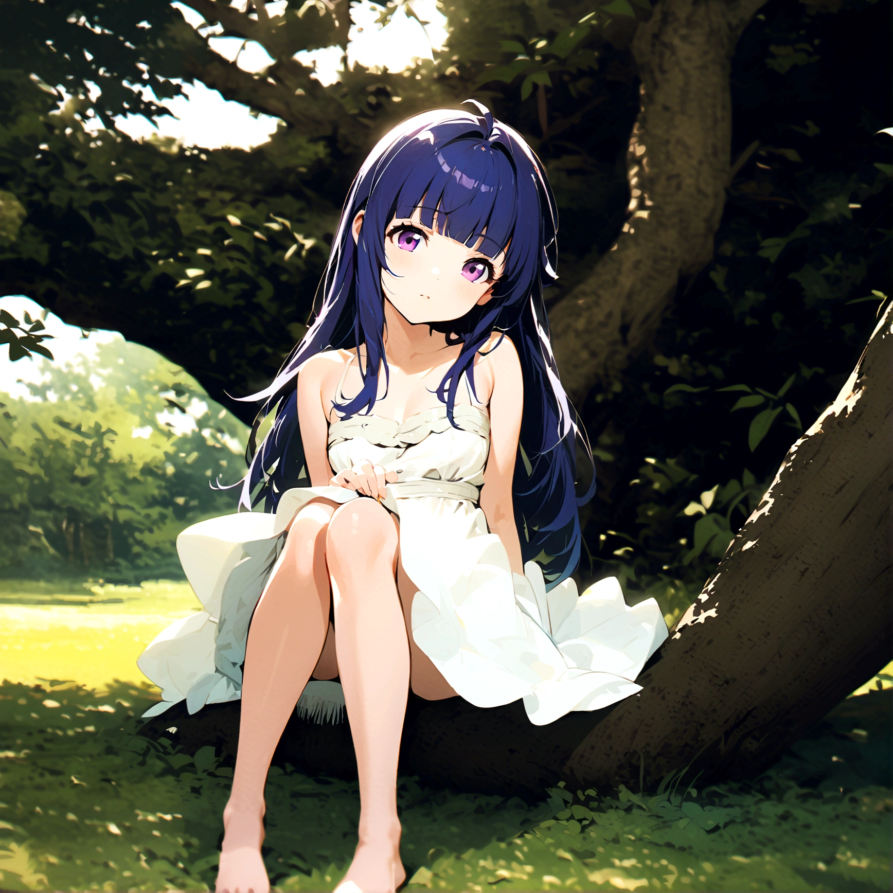 One Girl, alone, Full Out Rika, cute, Blue Hair, Purple eyes, Long Hair, blunt bangs, bangs, dress, bare shoulders, sitting, barefoot, tree, head tilt, nature,