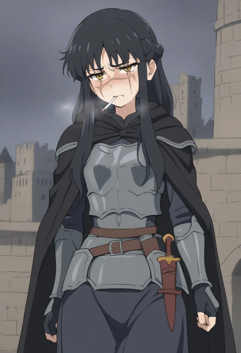 (masterpiece, best quality:1.2) {{Artist: sincos)}} 1woman, solo, stern, sfw, clothed, french braid, long hair, tall, black hair, golden eyes, looking tired, scar over left eye, black cloak, cape, black cape, looking down at viewer, smoking, dagger at hip, dagger, castle background, dark fantasy, cigarette in mouth, detailed background, cold expression, armored, wearing armor, stern expression, fully clothed, stern face