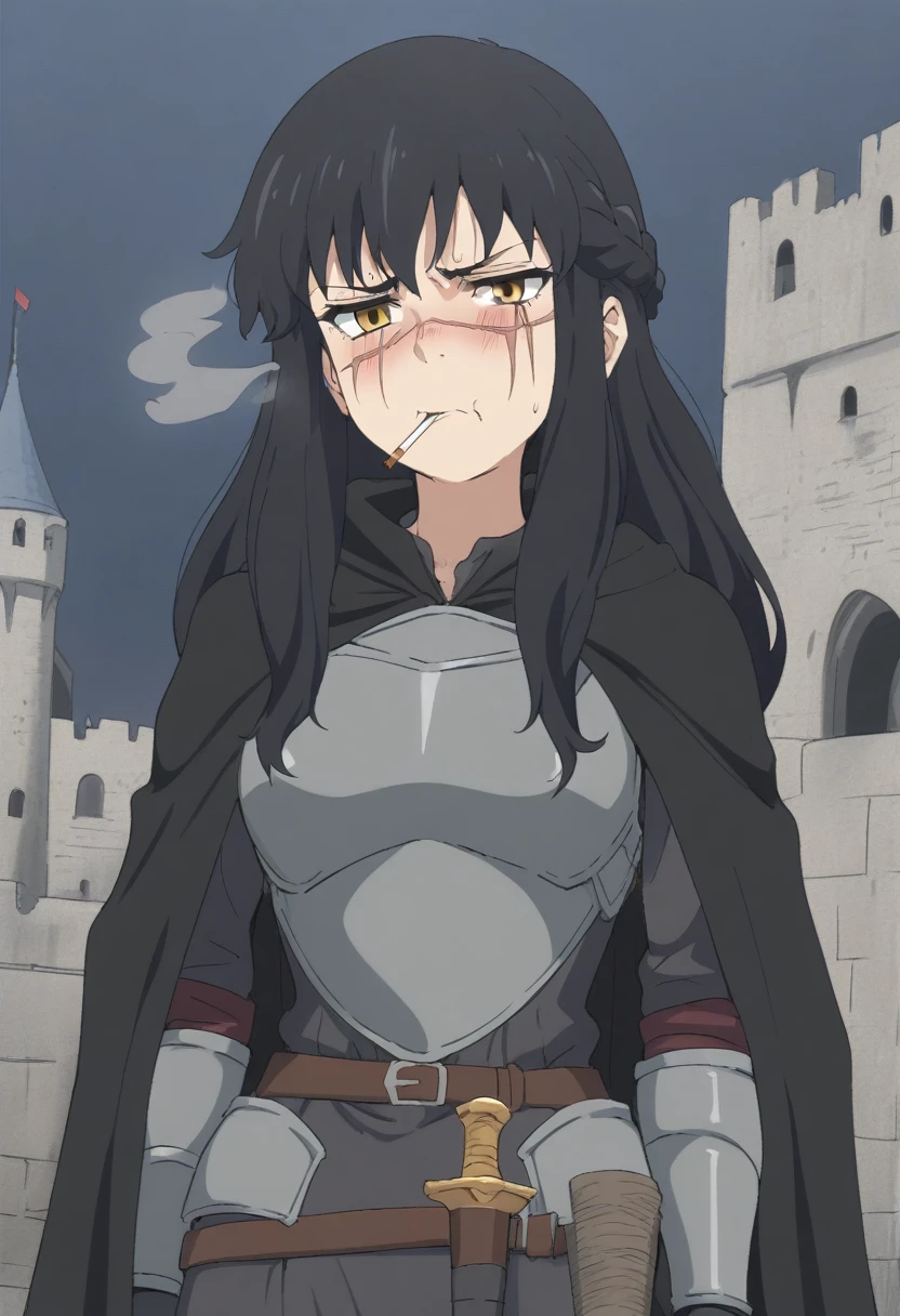 (masterpiece, best quality:1.2) {{Artist: sincos)}} 1woman, solo, stern, sfw, clothed, french braid, long hair, tall, black hair, golden eyes, looking tired, scar over left eye, black cloak, cape, black cape, looking down at viewer, smoking, dagger at hip, dagger, castle background, dark fantasy, cigarette in mouth, detailed background, cold expression, armored, wearing armor, stern expression, fully clothed, stern face