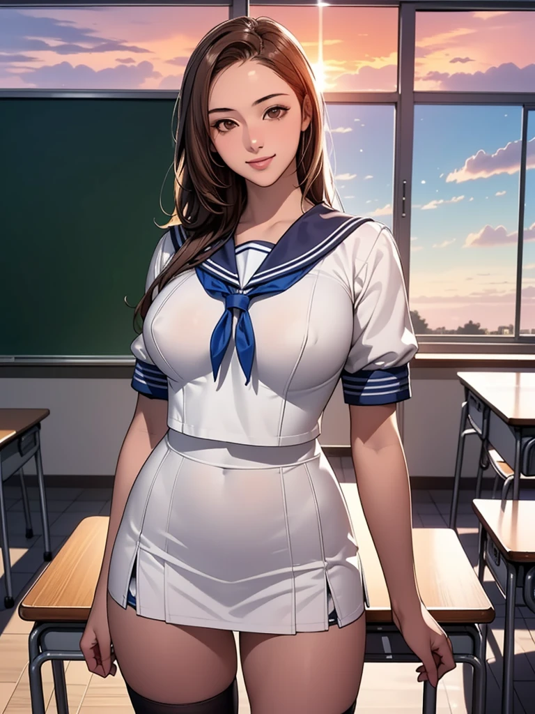 (8K,Realistic, Tabletop, Highest quality, RAW Photos:1.3)、One Girl, 18-year-old,alone,high school girl, Long Hair, Brown Hair, Beautiful face in every detail, Attractive face, (Beautiful brown eyes in every detail:1.2), Medium chest,(Underbust:1.0),(Covered nipples:0.99),(Loose Sailor Uniform :1.35), ( Slim beauty with perfect body: 1.4),( Seductive Pose:1.3), (View your viewers, Front view,Eyes focus:1.2), Detailed Background, (sunset:1.2), classroom,Fine details, Intricate details,  Ray Tracing, Depth of written boundary, Captivating smile,classroom,