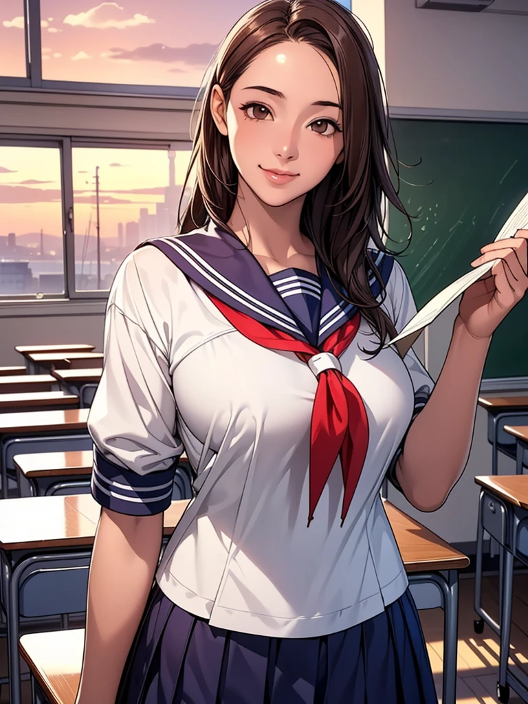 (8K,Realistic, Tabletop, Highest quality, RAW Photos:1.3)、One Girl, 18-year-old,alone,high school girl, Long Hair, Brown Hair, Beautiful face in every detail, Attractive face, (Beautiful brown eyes in every detail:1.2), Medium chest,(Underbust:1.0),(Covered nipples:0.99),(Loose Sailor Uniform :1.35), ( Slim beauty with perfect body: 1.4),( Seductive Pose:1.3), (View your viewers, Front view,Eyes focus:1.2), Detailed Background, (sunset:1.2), classroom,Fine details, Intricate details, Ray Tracing, Depth of written boundary, Captivating smile,classroom,