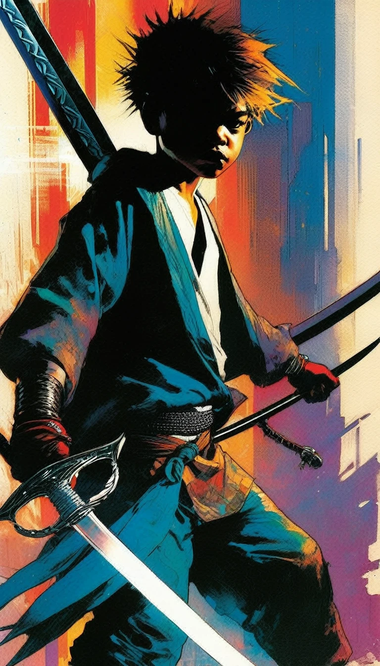 Naughty boy, thug boy, plays with 7 swords, (art inspired by Bill Sienkiewicz)