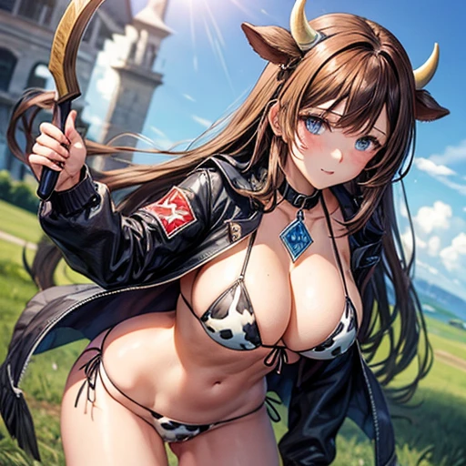 Beautiful woman with brown hair and blue eyes Cow horn Have a battle axe Long Hair Wearing a jacket Cow print bikini Large Breasts