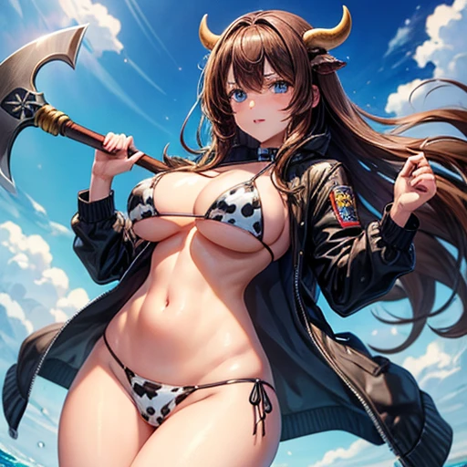 Beautiful woman with brown hair and blue eyes　　Cow horn　　Have a battle axe　　Long Hair　　Wearing a jacket　Cow print bikini　Large Breasts