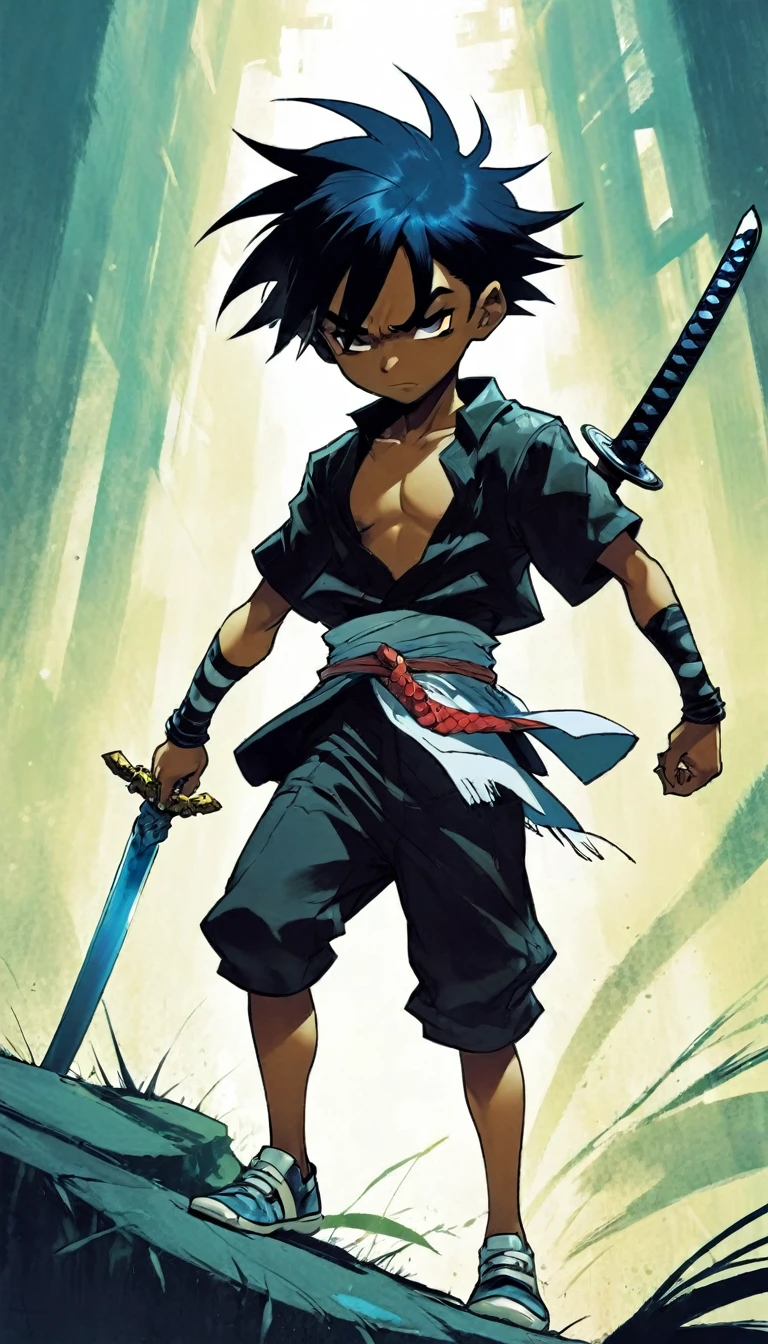 Naughty boy, thug boy, plays with 7 swords, (art inspired by Skottie Young and Bill Sienkiewicz)