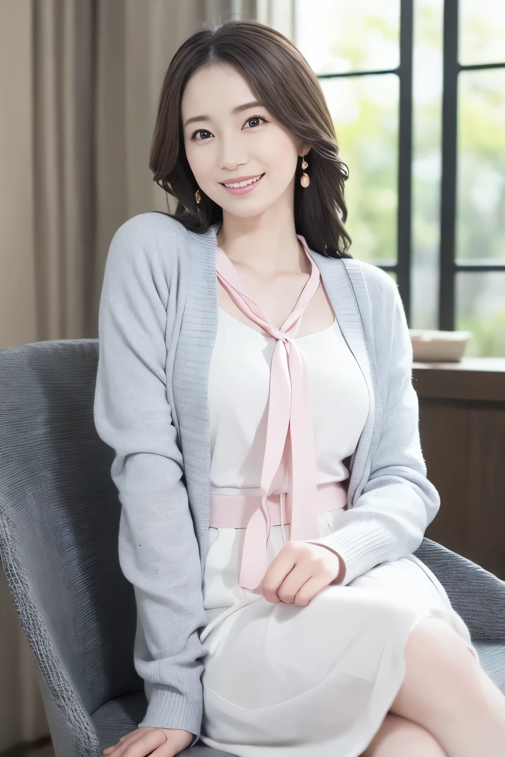 1woman, solo, close up, slender, white elegant Blause with a black feminal ribbon-tie and pink long-skirt and cardigan,smiling, (best quality,8k,highres,masterpiece:1.3), ultra-detailed, (realistic,photorealistic,photo-realistic:1.37), portrait, cinematic, warm lighting, dramatic shadows, vibrant colors,in Hotel,on the chair and crossing legs,