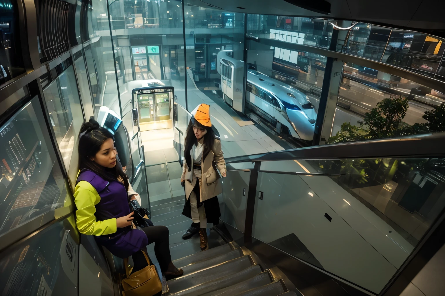 (Best quality, 8k, 32k, Masterpiece, UHD:1.2), "Transform the scene into a grand, futuristic Metro Train station that exudes style and sophistication. Picture a sprawling station with sleek, modern architecture characterized by clean lines, expansive glass panels, and cutting-edge materials. The design is both functional and aesthetically stunning, blending form and function seamlessly.
The main concourse is vast and open, with high ceilings adorned with intricate, glowing patterns that cast a soft, ambient light. Advanced holographic displays and interactive touchscreens provide real-time information, guiding passengers effortlessly through the station. The floors are polished and reflective, enhancing the sense of space and light.
The platforms are lined with high-speed, levitating trains that glide silently along magnetic tracks, their sleek designs reminiscent of the most advanced aerodynamic principles. Waiting areas are furnished with comfortable, ergonomic seating and feature lush, vertical gardens that add a touch of natural beauty to the futuristic setting.
Art installations and sculptures, both digital and physical, are strategically placed throughout the station, adding a cultural and artistic dimension. Automated systems and AI assistants ensure a seamless and efficient passenger experience, from ticketing to boarding.
Capture the essence of innovation and luxury, highlighting the station’s grandeur and style. The scene should evoke a sense of awe and excitement, showcasing a vision of urban transit that is both futuristic and impeccably designed, where every detail reflects cutting-edge technology and high-class aesthetics."