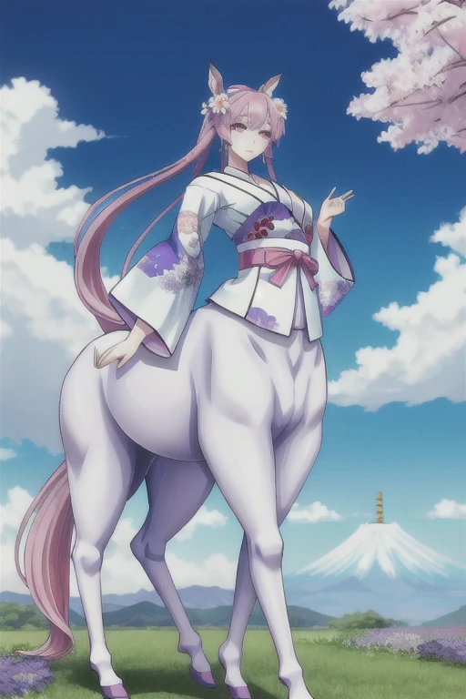 (centaur, taur, centauroid:1.0),
(full body:1.3),
1girl, blue sky, closed mouth, clouds, day, floral print, hair ornament, hair rings, highres, holding, japanese clothes, kei-ne, kimono, long hair, long sleeves, looking at viewer, outdoors, pink hair, pointy ears, sky, smile, solo, upper body, violet eyes, white kimono