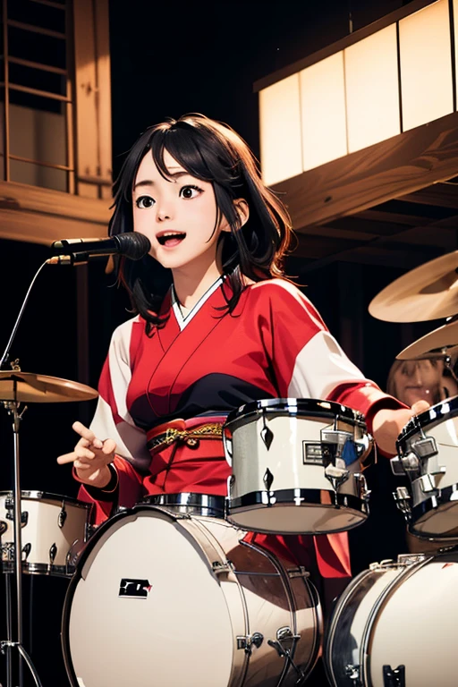 (masterpiece, Highest quality)、live house、drumの後ろで、かわいい女の子がdrumを叩いている、Dark Eyes、Gorgeous lighting、Black Hair、Japanese women、drummer、drumセット、drum、