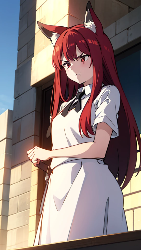 1girl ,20s,angry face,white shirt,short sleeves,(black standard tie),white school skirt,(red hair),long hair,fox ears,Shot from below,university balcony,pout