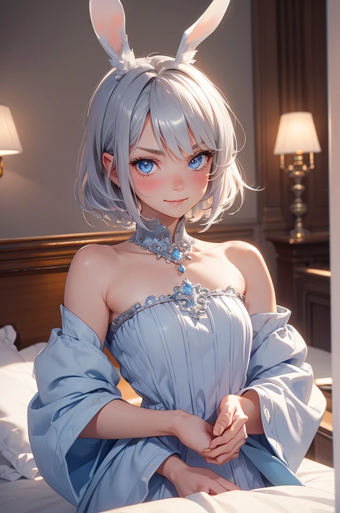 oking at viewer, light smile, blush,, ornate, hotel room, cowboy shot, v arms, short silver hair, blue eyes, serious looks. looking at viewer, cowboy shot, solo, silver bunny ears, one bed #Anime. lack bodysuit, fur trim, gloves, blue boots floating armor