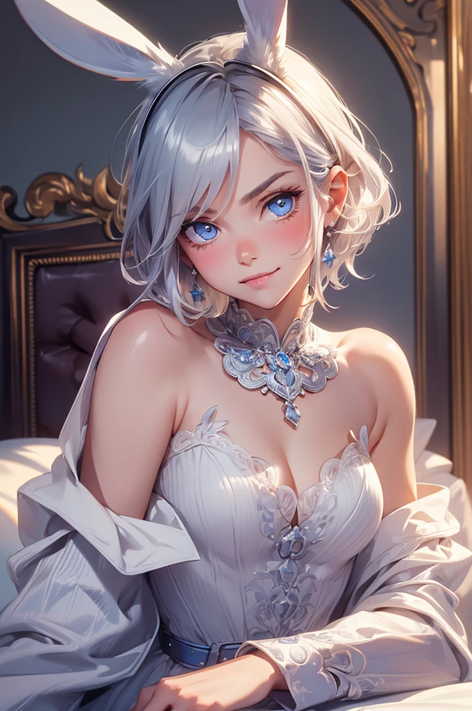 oking at viewer, light smile, blush,, ornate, hotel room, cowboy shot, v arms, short silver hair, blue eyes, serious looks. looking at viewer, cowboy shot, solo, silver bunny ears, one bed #Anime. lack bodysuit, fur trim, gloves, blue boots floating armor