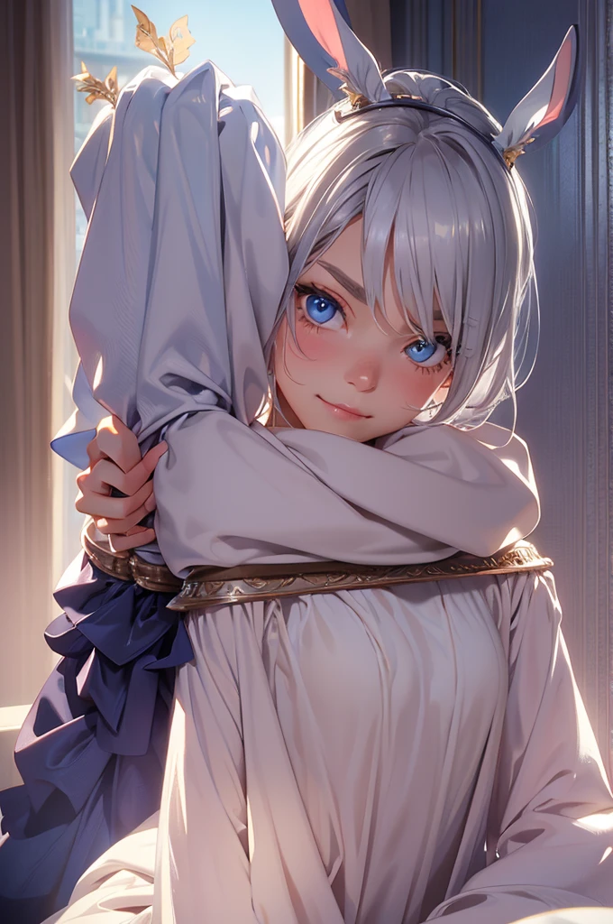 oking at viewer, light smile, blush,, ornate, hotel room, cowboy shot, v arms, short silver hair, blue eyes, serious looks. looking at viewer, cowboy shot, solo, silver bunny ears, one bed #Anime. lack bodysuit, fur trim, gloves, blue boots floating armor