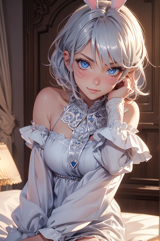 oking at viewer, light smile, blush,, ornate, hotel room, cowboy shot, v arms, short silver hair, blue eyes, serious looks. looking at viewer, cowboy shot, solo, silver bunny ears, one bed #Anime. lack bodysuit, fur trim, gloves, blue boots floating armor