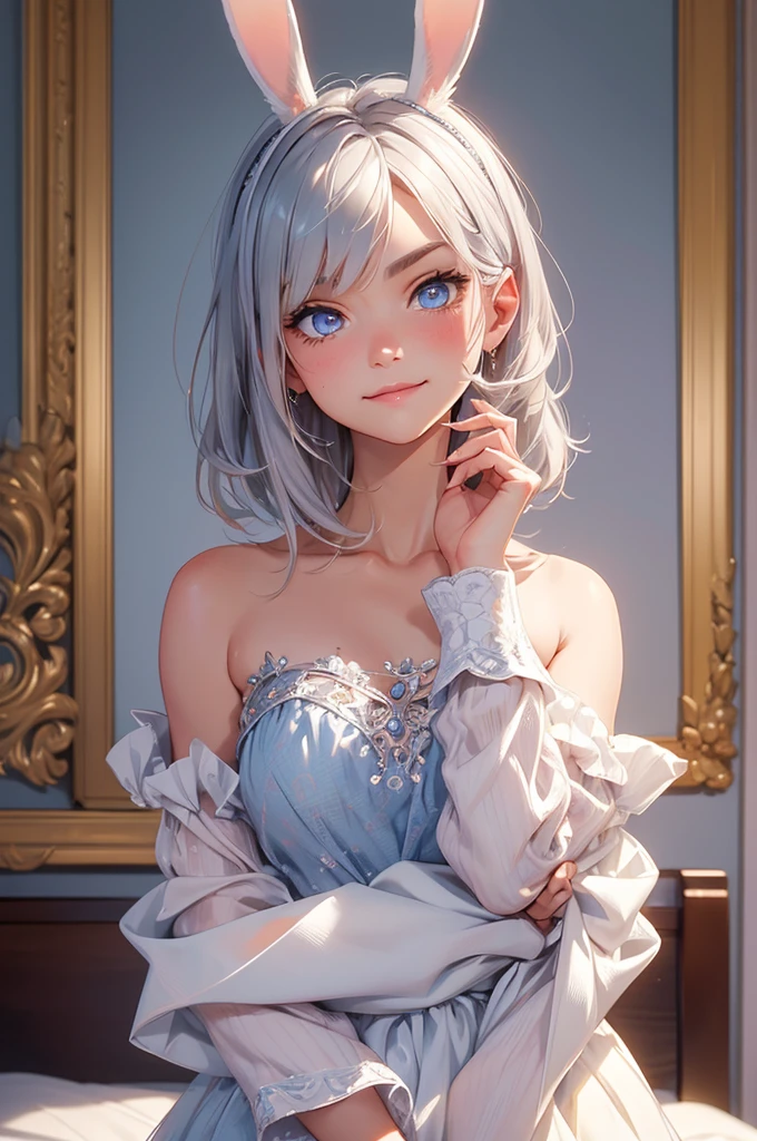 oking at viewer, light smile, blush,, ornate, hotel room, cowboy shot, v arms, short silver hair, blue eyes, serious looks. looking at viewer, cowboy shot, solo, silver bunny ears, one bed #Anime. lack bodysuit, fur trim, gloves, blue boots floating armor