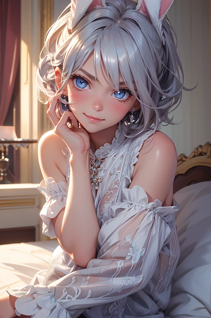 oking at viewer, light smile, blush,, ornate, hotel room, cowboy shot, v arms, short silver hair, blue eyes, serious looks. looking at viewer, cowboy shot, solo, silver bunny ears, one bed #Anime. lack bodysuit, fur trim, gloves, blue boots floating armor