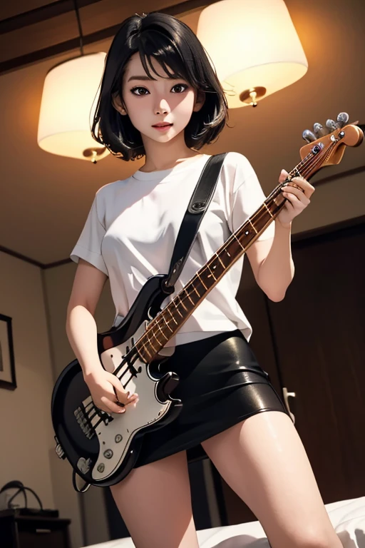 (masterpiece, Highest quality)、live house、Cute girl bassist、Dark Eyes、Gorgeous lighting、Tight mini skirt、Black Hair、Japanese women、