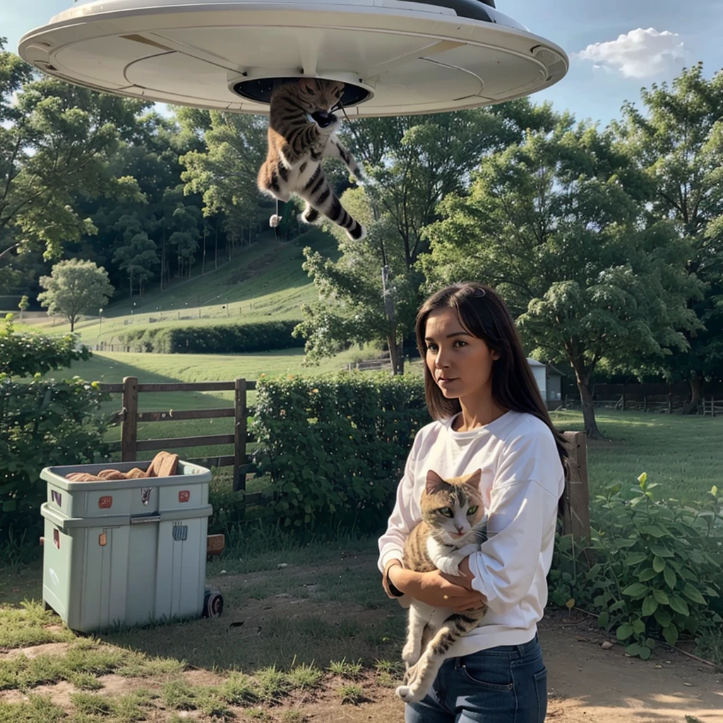 UFO abducting a cat on a farm