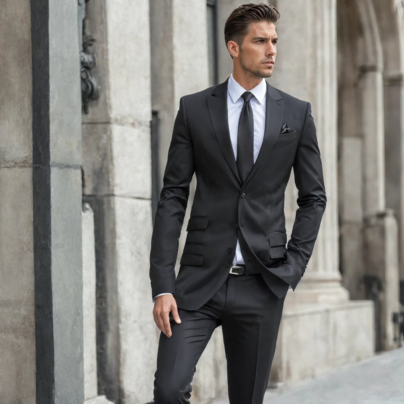 a man in a black suit and a black dress shirt