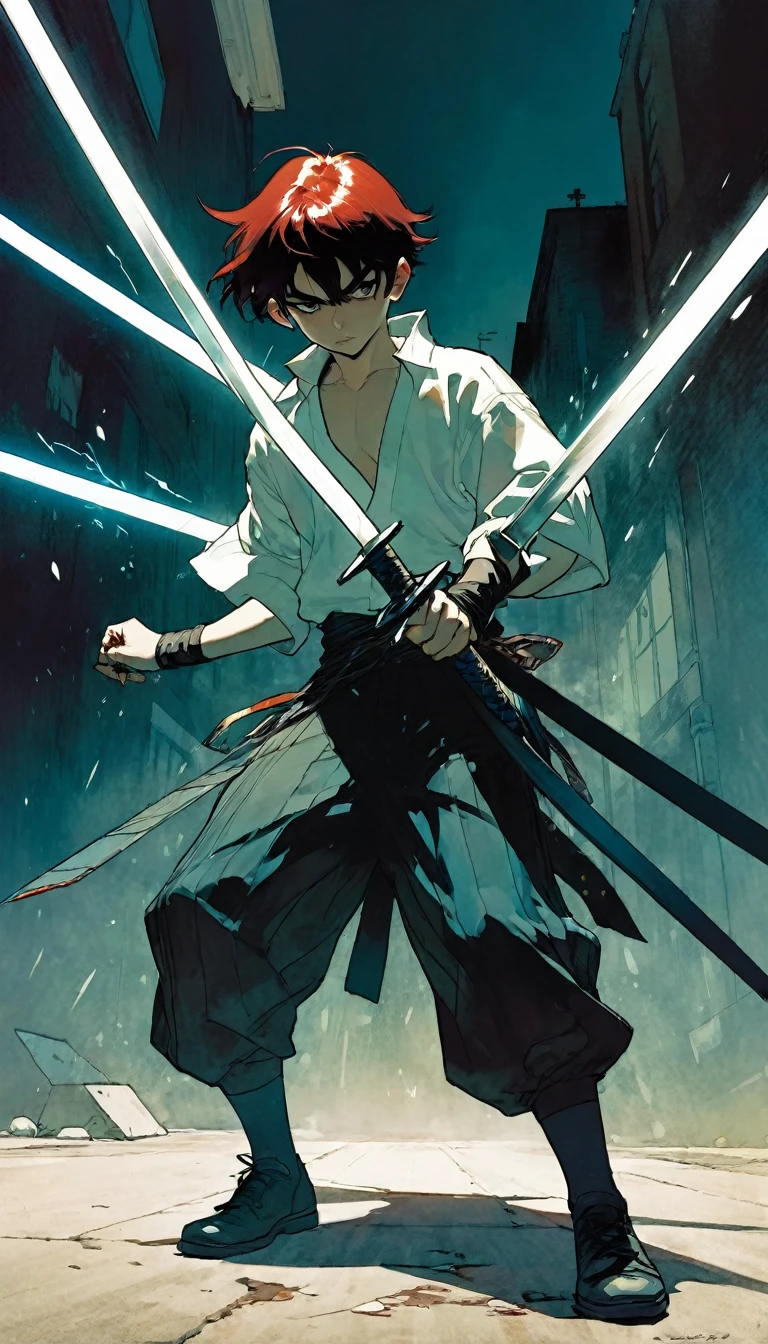 Naughty boy, thug boy, throws 7 swords on the ground, (art inspired by Bill Sienkiewicz)