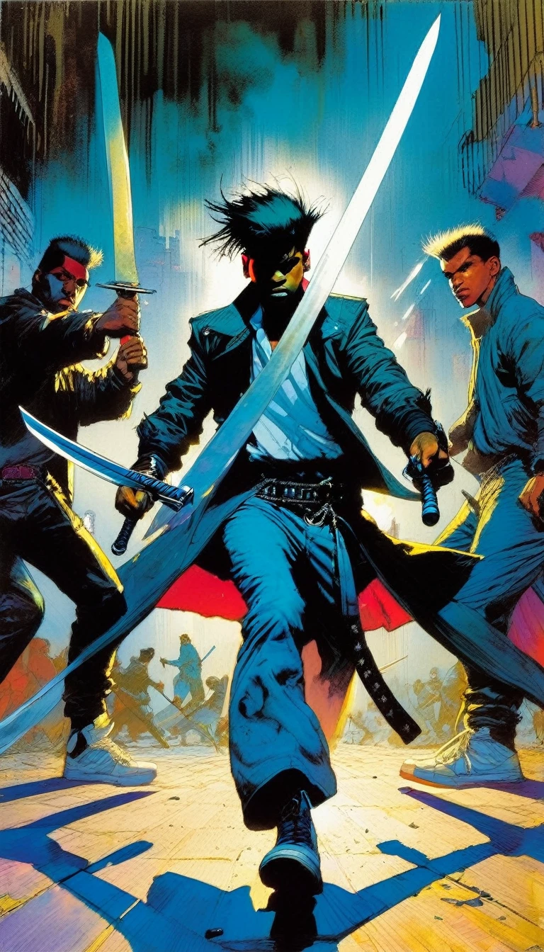 Naughty boy, thug boy, throws 7 swords on the ground, (art inspired by Bill Sienkiewicz)
