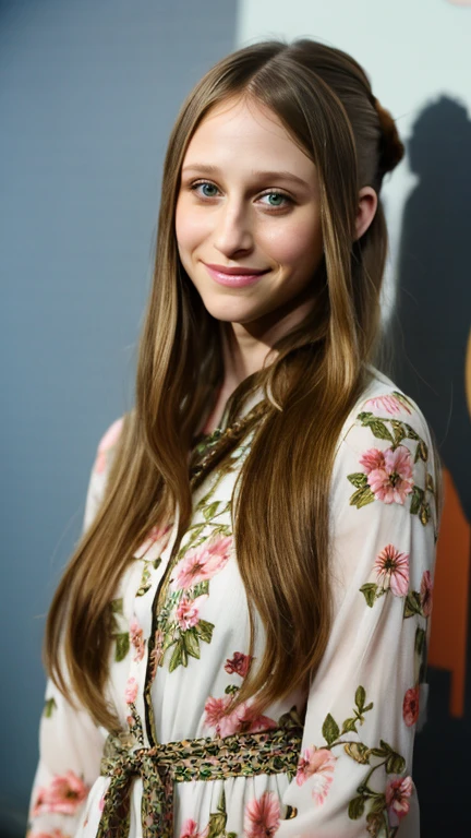 Taissa Farmiga with her hair up dressed in flower clothes and a sexy smile.