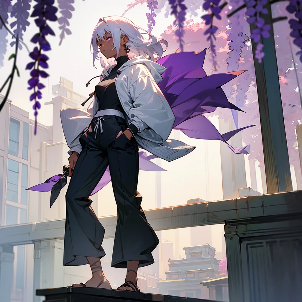 1female, young adult, dark skin, finely detailed plum eyes, wild medium hair, seashell white hair color, oversized hoodie, baggy pants, standing on building, day time, tokyo streets, somber expression, muscular, tattoos, wisteria flowers, scars
