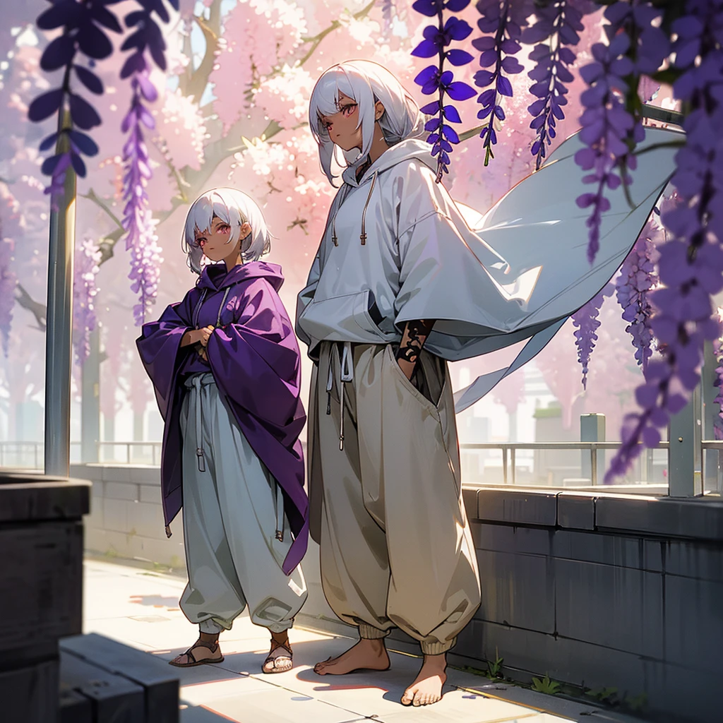 1female, young adult, dark skin, finely detailed plum eyes, wild medium hair, seashell white hair color, oversized hoodie, baggy pants, standing on building, day time, tokyo streets, somber expression, muscular, tattoos, wisteria flowers, scars