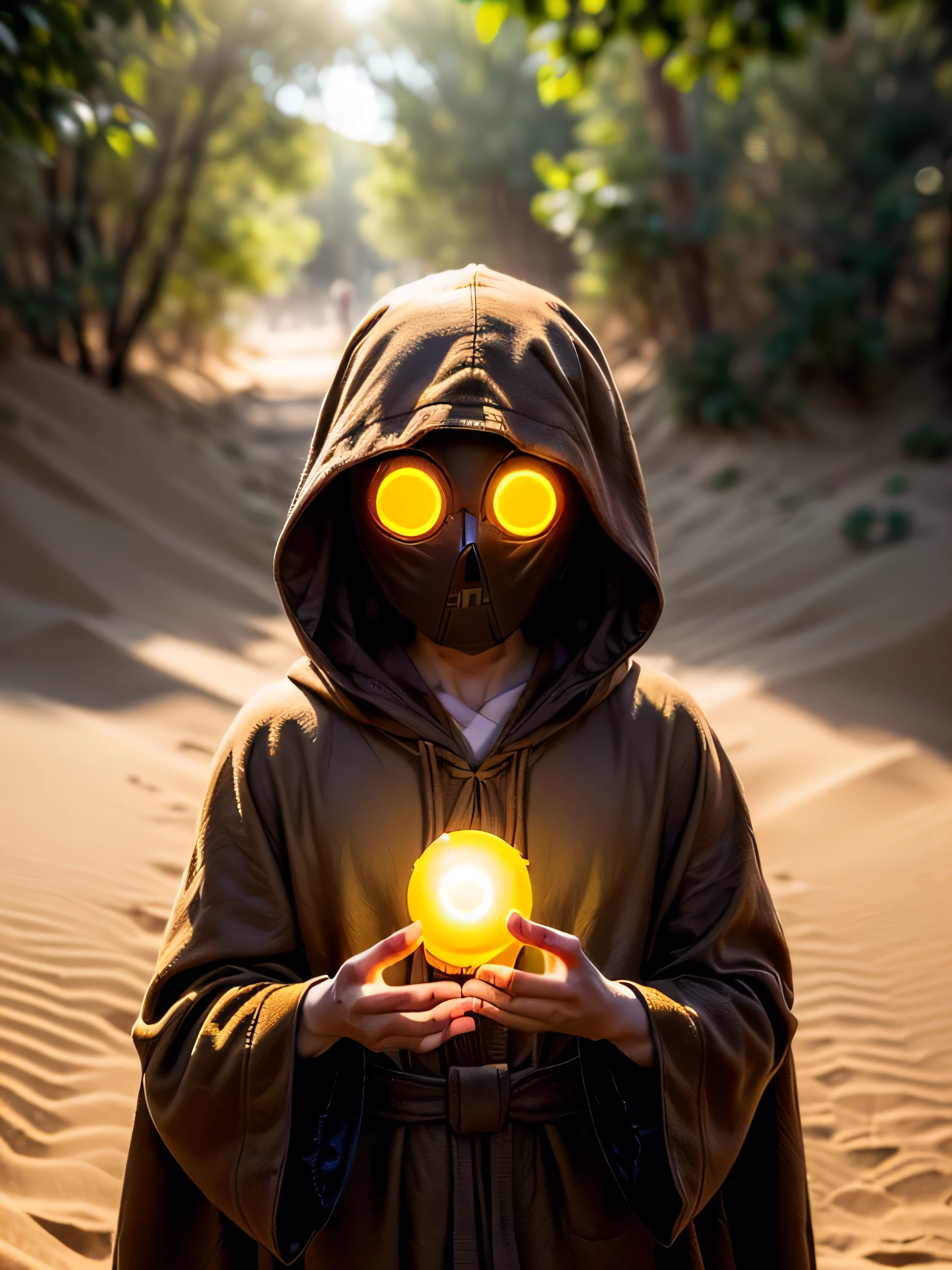 star wars (((((Chief Nebit, tiny yellow glowing eyes, brown hood, brown robes, face hidden within robes, noface))), background desert, sand dunes, sand, intense sunlight, bokeh)) portrait closeup