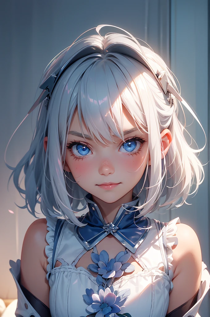 loking at viewer, light smile, blush,, o, cowboy shot, v arms, short silver hair, blue eyes, serious looks. looking at viewer, cowboy shot, solo, silver bunny ears, one bed #Anime. lack bodysuit, fur trim, gloves, blue boots floating armor