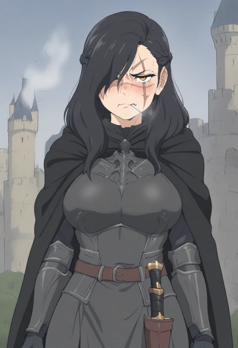 (masterpiece, best quality:1.2) {{Artist: sincos)}} 1woman, mature woman, solo, stern, sfw, clothed, french braid, long hair, tall, black hair, golden eyes, looking tired, scar over left eye, black cloak, cape, black cape, looking down at viewer, smoking, dagger at hip, dagger, castle background, dark fantasy, cigarette in mouth, detailed background, cold expression, armored, wearing armor, stern expression, fully clothed, stern face, cold expression, frown, scoffing