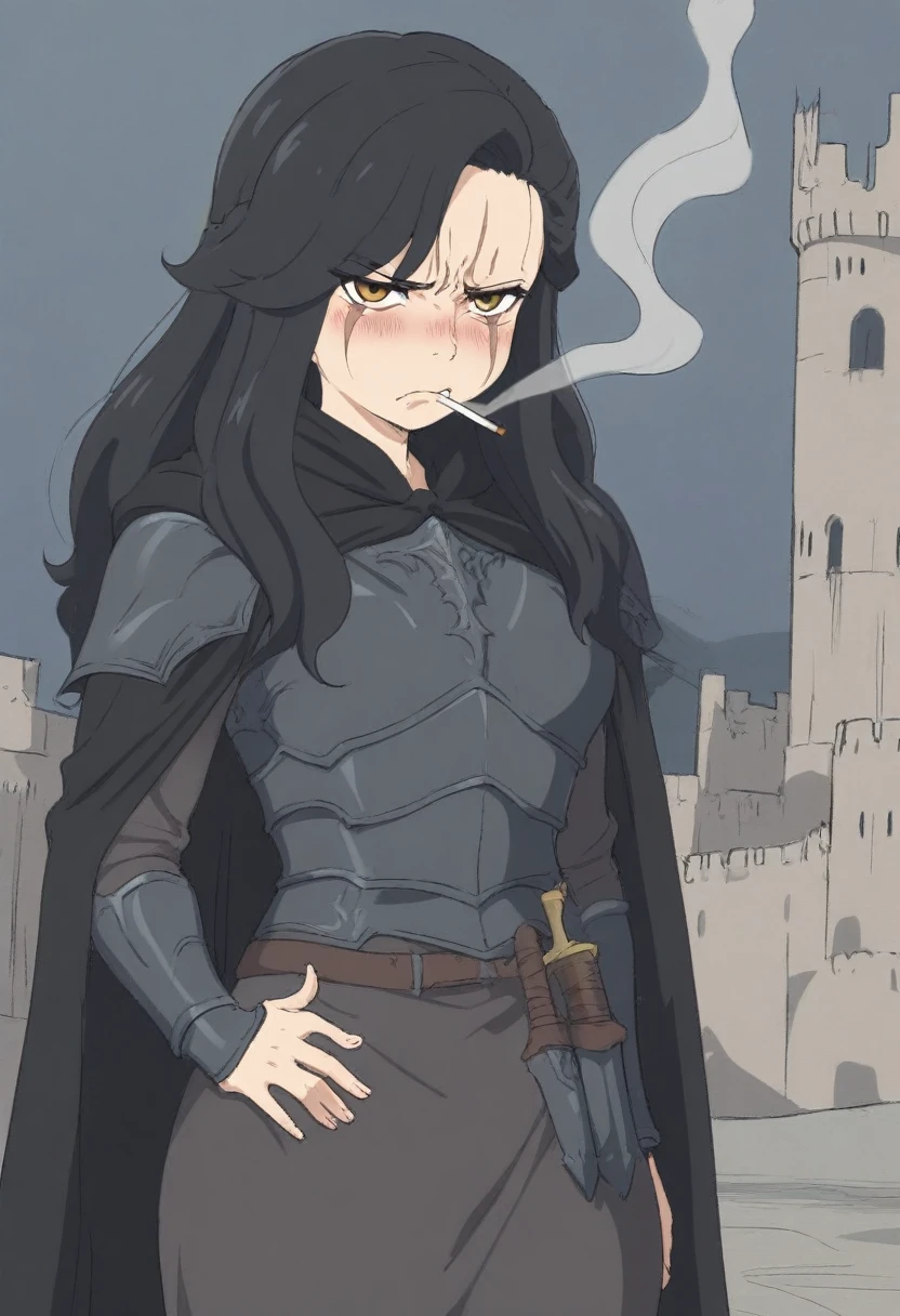 {{portrait, dutch angle}} {{Artist: Sincos}} 1girl, solo, toned female, mature female, medium breasts, black hair, braided hair, long hair, golden eyes, lips, black armour with, black cape, angry, outdoors, swamp, ruins, looking at viewer, standing, holding sword, fog, medieval fantasy, scar, cigarette, smoking, day, blood on face
