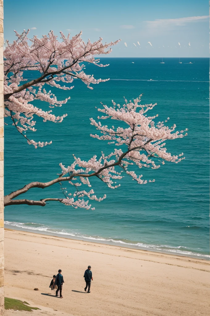 bottom: A horizon that blurs between the sea and the sky, symbolizing the unknown and the infinite.
• Center: A large clock without hands, with cherry blossoms around, representing the transience and uncertainty of time.
• Bottom Left: Sea waves advancing and receding, symbolizing the constant change and continuity of life.
• Lower right part: Leaves that are carried by the wind, showing the ephemeral nature of life.
• Upper part: People doing various activities: reading, chatting, walking, enjoying the present moment.