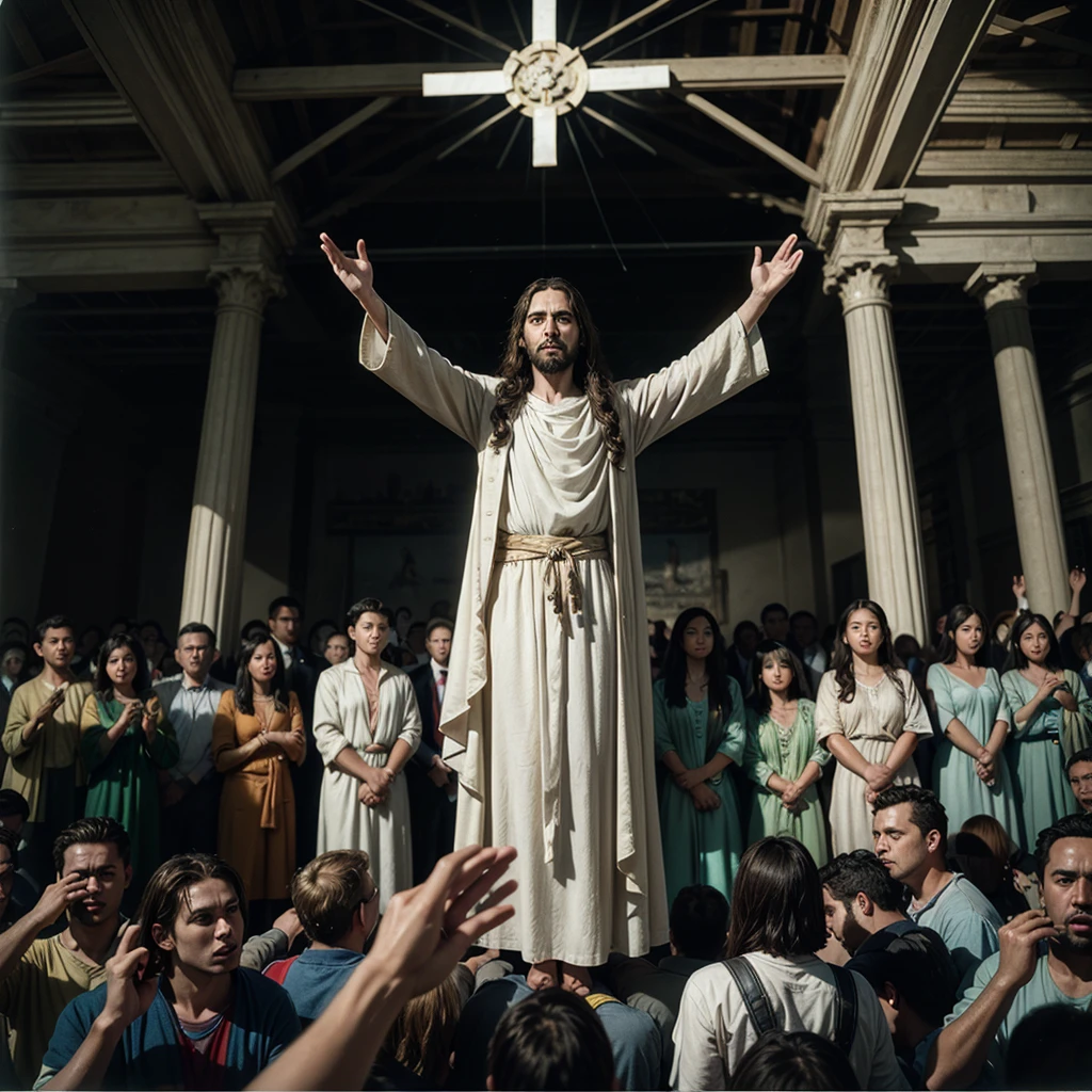 Imagem 16:9 aspect ratio, Jesus Christ in the center of the scene ascending to heaven in all his glory under the gaze of the crowd, 35mm film style