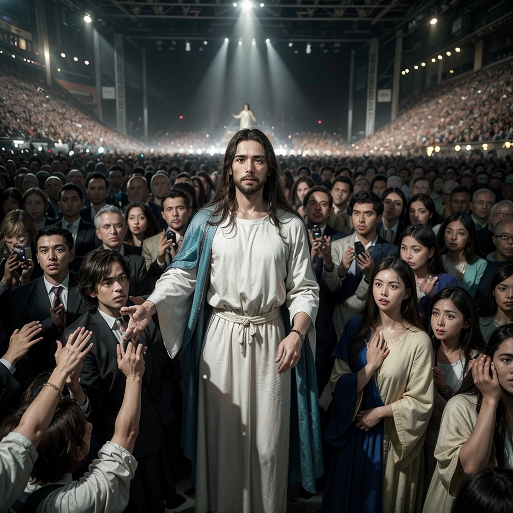 Imagem 16:9 aspect ratio, Jesus Christ in the center of the scene ascending to heaven in all his glory under the gaze of the crowd, 35mm film style