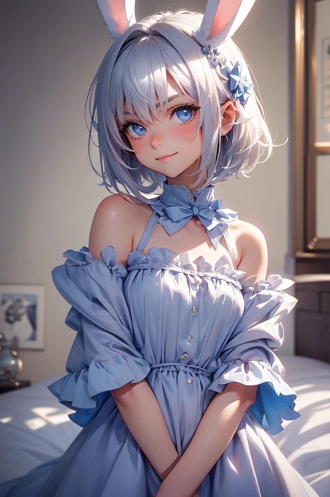 loking at viewer, light smile, blush,, o, cowboy shot, v arms, short silver hair, blue eyes, serious looks. looking at viewer, cowboy shot, solo, silver bunny ears, one bed #Anime. lack bodysuit, fur trim, gloves, blue boots floating armor, power armror