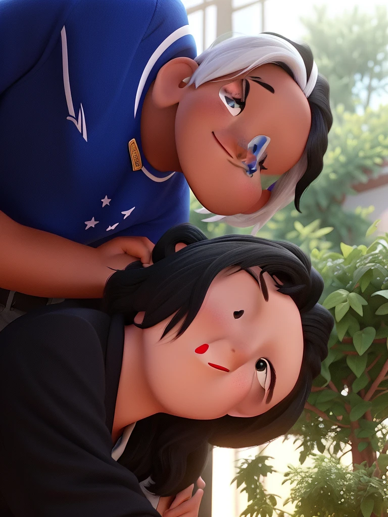 Interracial couple in Disney Pixar style, black hair, high qualiy, best qualityer