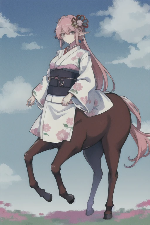 (centaur, taur, centauroid:1.0), 

(full body:1.3),  


1girl, blue sky, closed mouth, clouds, day, floral print, hair ornament, hair rings, highres, holding, japanese clothes, kei-ne, long hair, long sleeves, looking at viewer, outdoors, pink hair, pointy ears, sky, smile, solo, upper body,