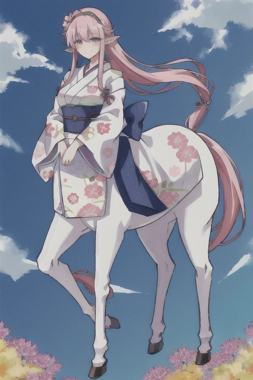 (centaur, taur, centauroid:1.0),
(full body:1.3),
1girl, blue sky, closed mouth, clouds, day, floral print, hair ornament, hair rings, highres, holding, japanese clothes, kei-ne, long hair, long sleeves, looking at viewer, outdoors, pink hair, pointy ears, sky, smile, solo, upper body,