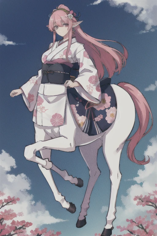 (centaur, taur, centauroid:1.0), 

(full body:1.3),  


1girl, blue sky, closed mouth, clouds, day, floral print, hair ornament, hair rings, highres, holding, japanese clothes, kei-ne, long hair, long sleeves, looking at viewer, outdoors, pink hair, pointy ears, sky, smile, solo, upper body,